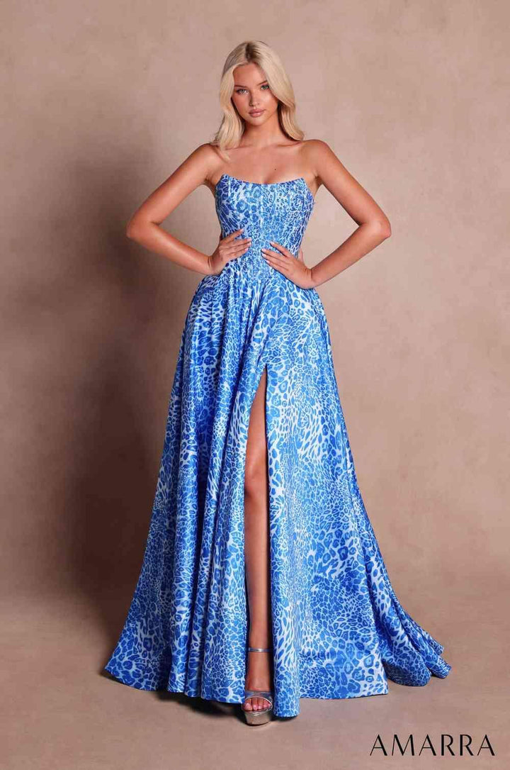 Amarra 89857 corset bodice print gown with slit front view