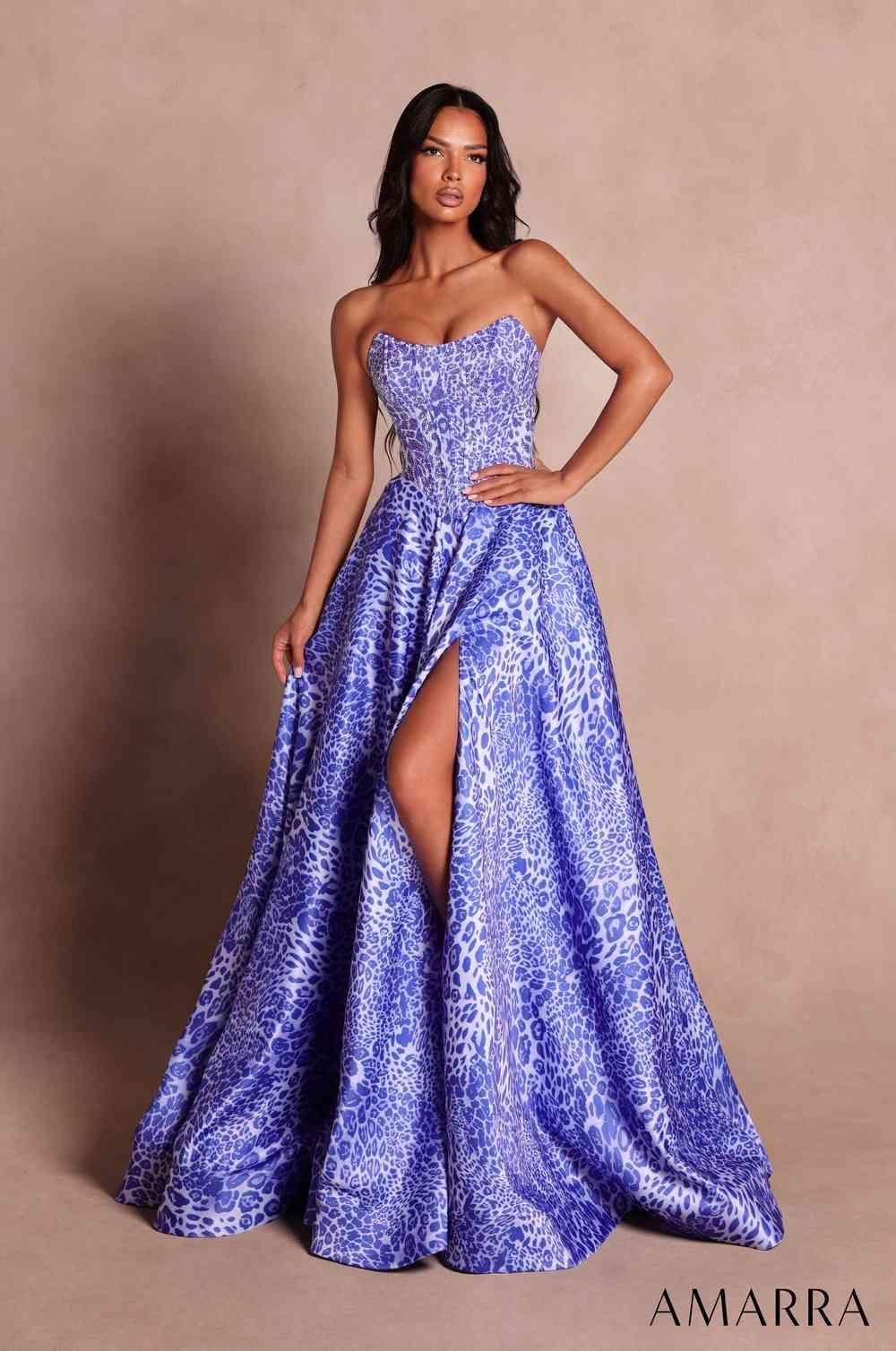 Amarra 89857 high slit A-line printed prom dress front view