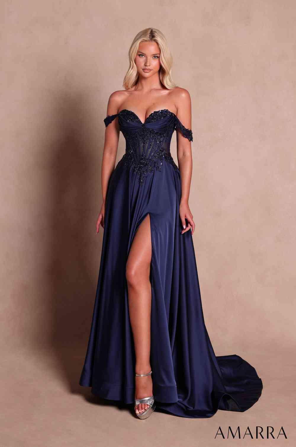 Amarra 89914 sweetheart formal gown with high slit front view