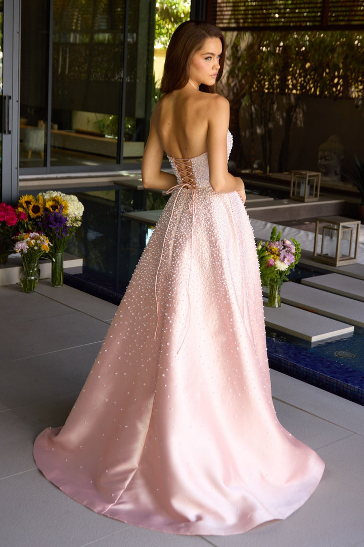 Ava Presley 42500 - Strapless Beaded Blush A Line Gown - FOSTANI.com
