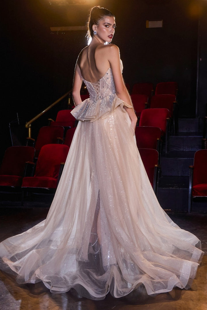 Ladivine CB175 strapless beaded column gown back view with lace-up corset and overskirt
