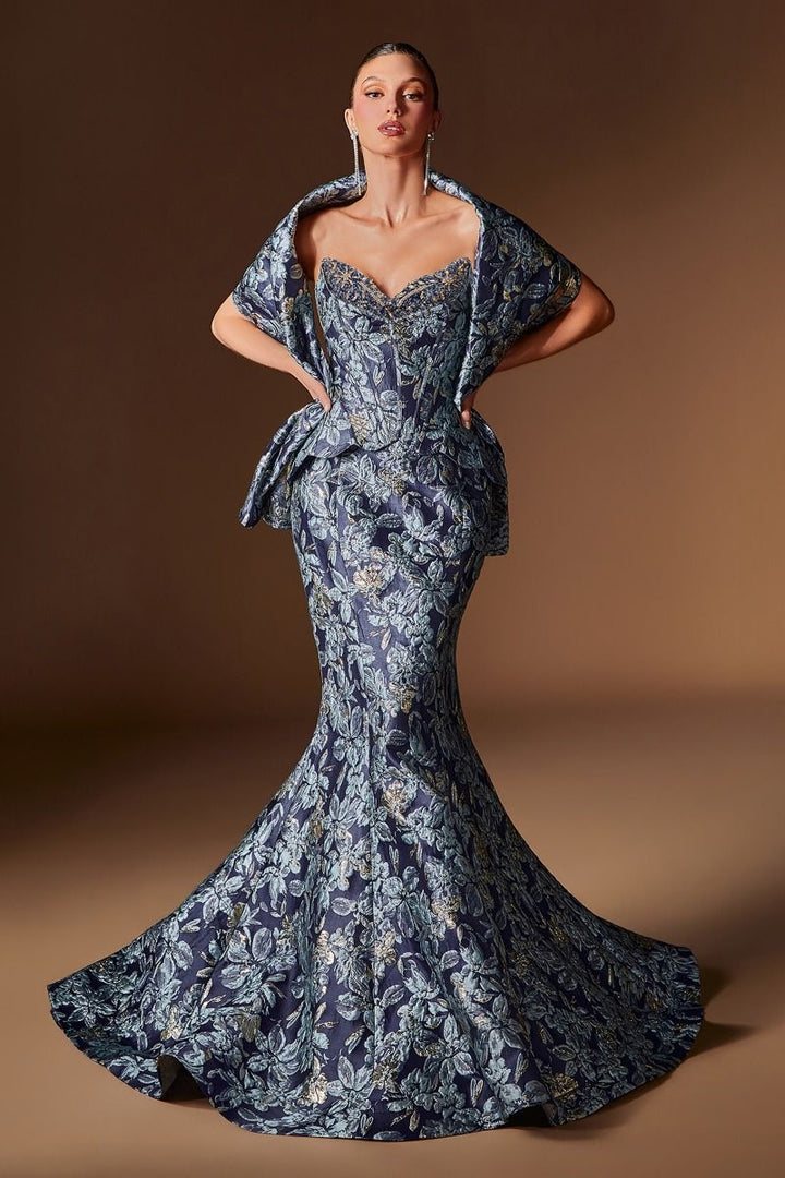 Ladivine CD655 floral jacquard mermaid evening gown front view with shawl