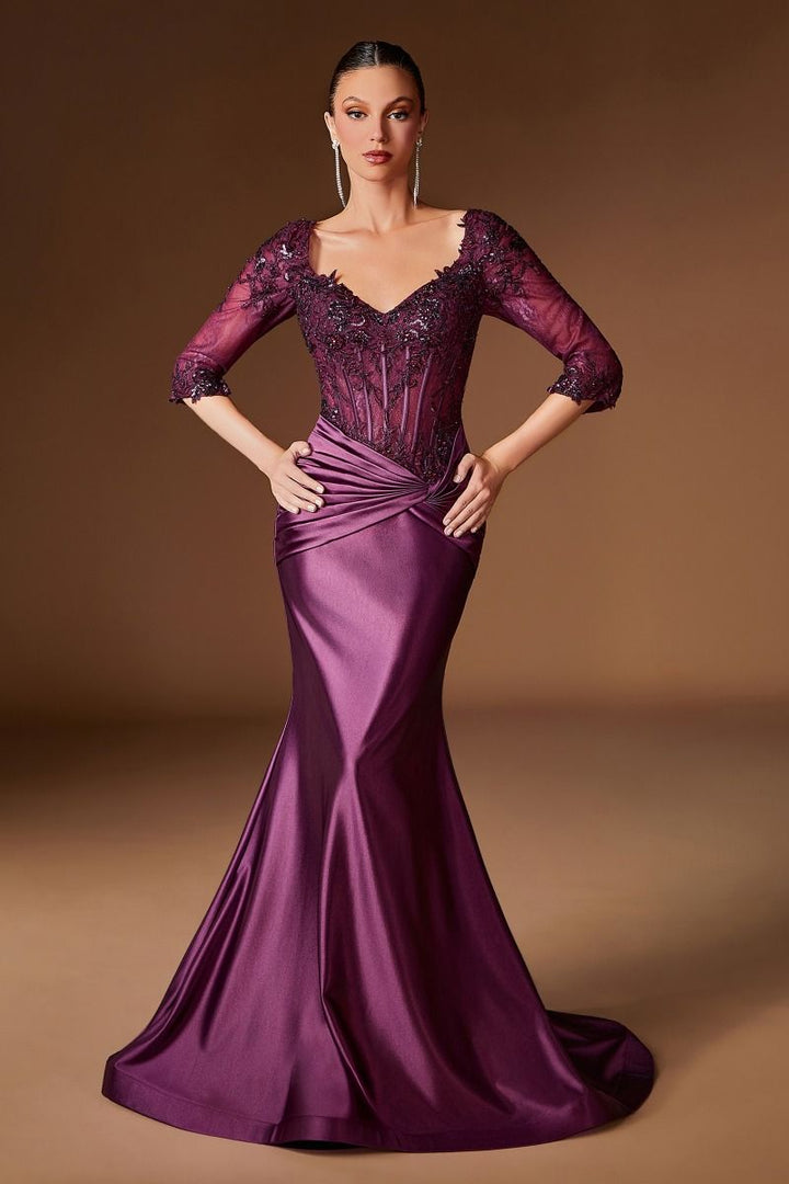 Ladivine CD731 Scoop Neck Three-Quarter Sleeve Embroidered Bodice Dress