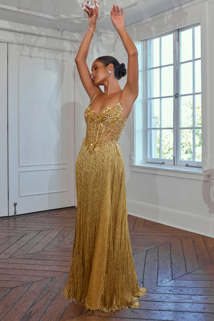 Ladivine CDS580 fringe prom dress front view in motion