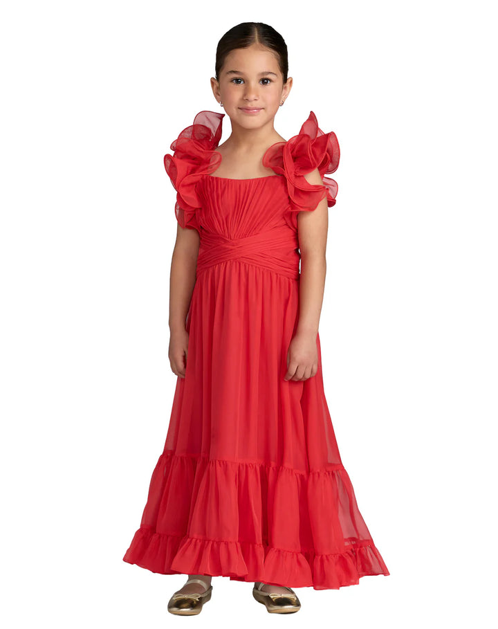 Mac Duggal 68669 Girls Floral Chiffon Ruffle Shoulder Dress