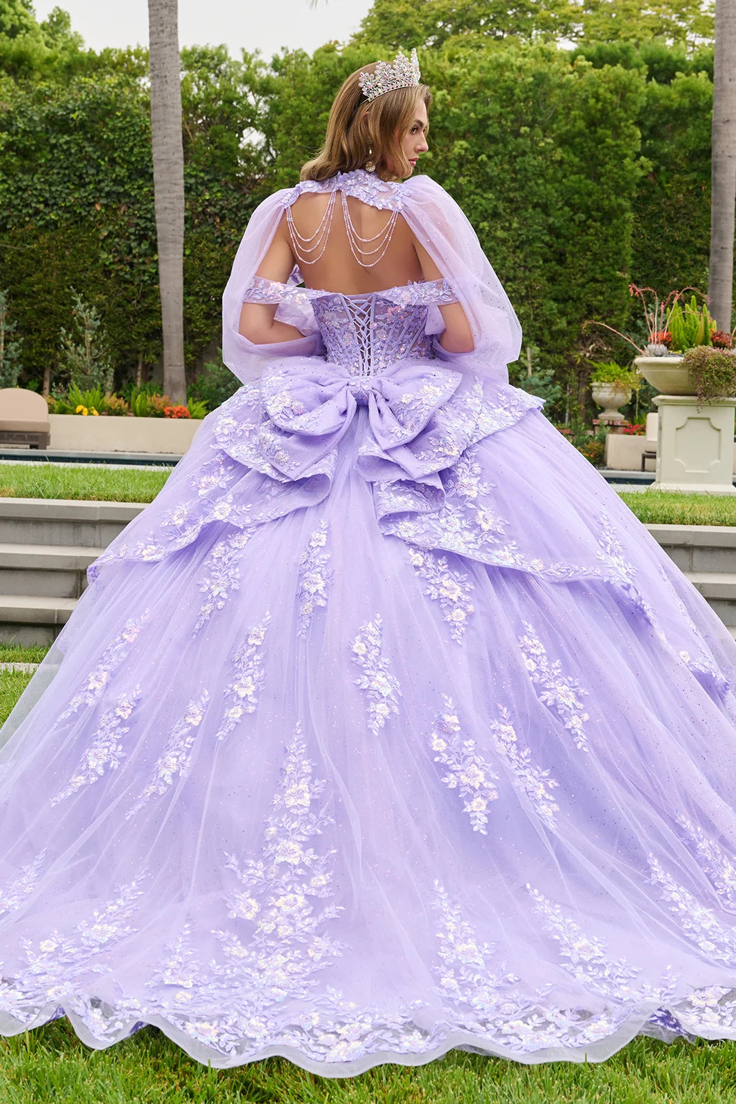 GLS Collective GL3847 corset quinceanera ball gown with bolero back view with bolero and bow