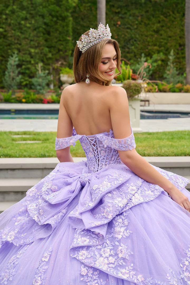 GLS Collective GL3847 corset quinceanera ball gown with bolero back corset and bow detail view