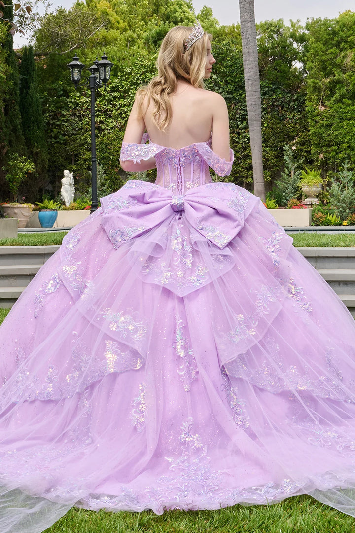 GLS Collective GL3848 open corset quinceanera ball gown back view with train