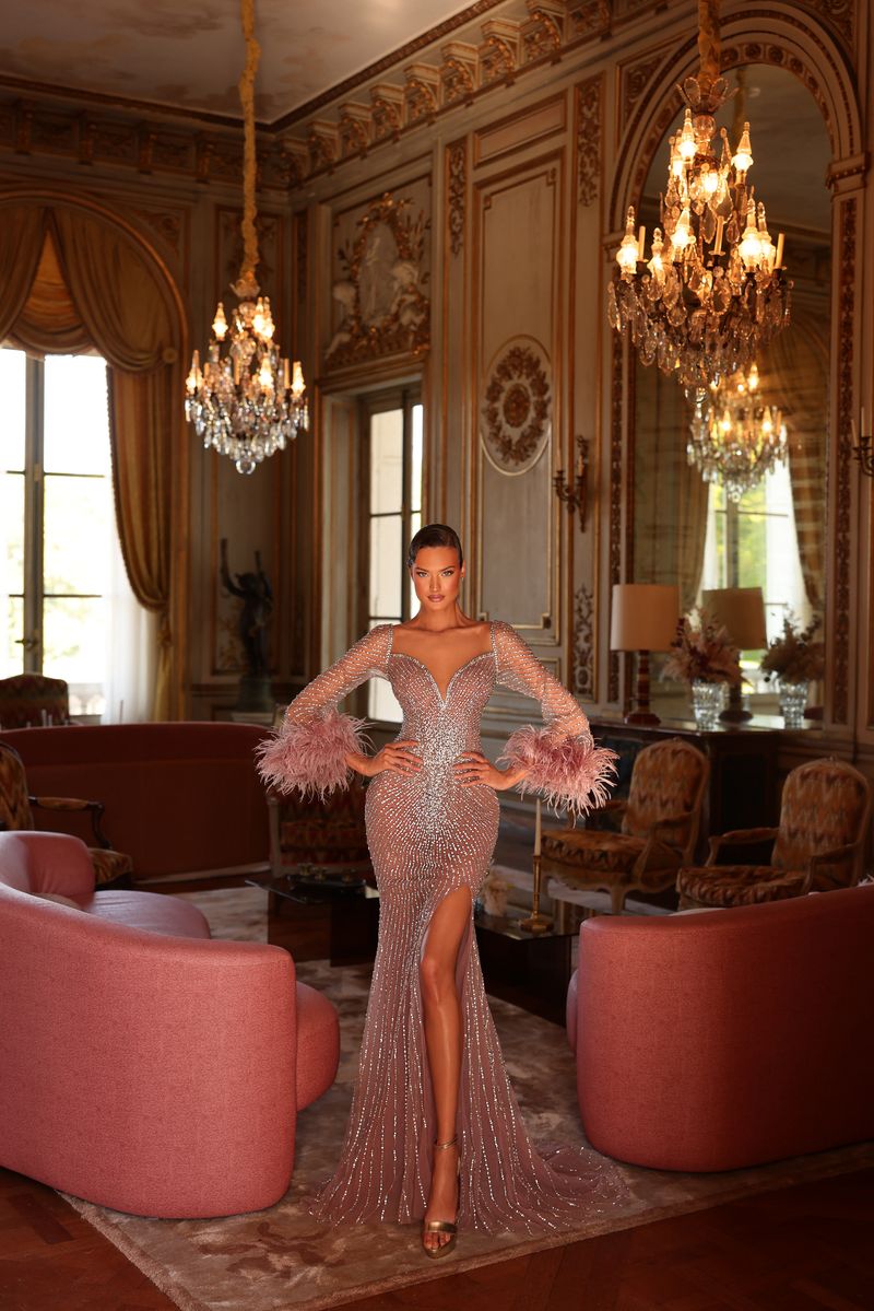 Chic & Holland HF110632 Plunging V Neck Long Sleeves Feather Cuffs Linear Beaded High Slit Couture Dress