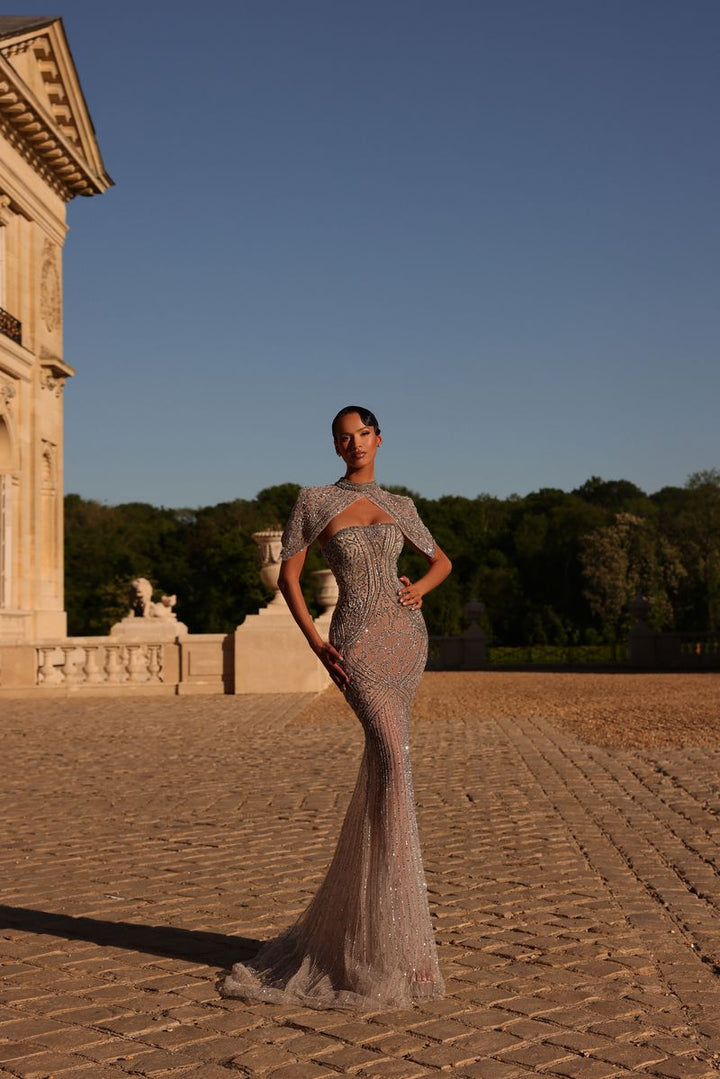 Chic & Holland HF110677 Cape Sleeve Beaded Couture Dress