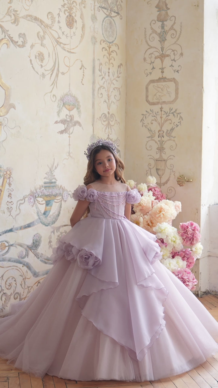 Pentelei 3812 Illusion Neckline Off Shoulder Ball Gown Kids Dress