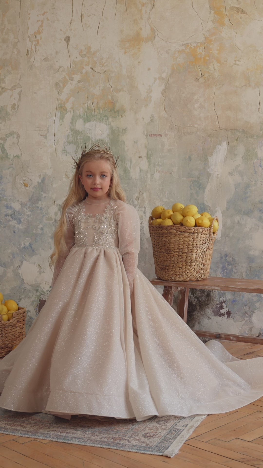 Pentelei 3841 Illusion Neckline Puff Sleeve Ball Gown Kids Dress