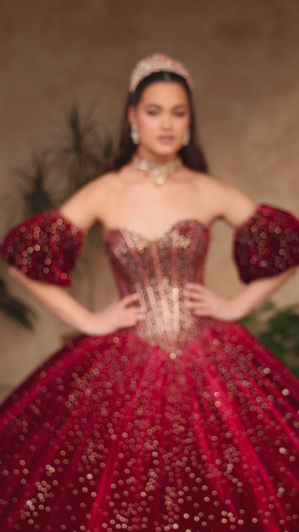 Amarra 54115 Puff Sleeve Hot Stone Quinceañera Ball Gown