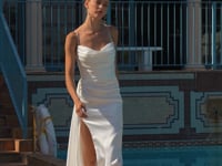 Amoris T826W Spaghetti Strap Cowl Neck Bridal Dress with Ruching and High Slit
