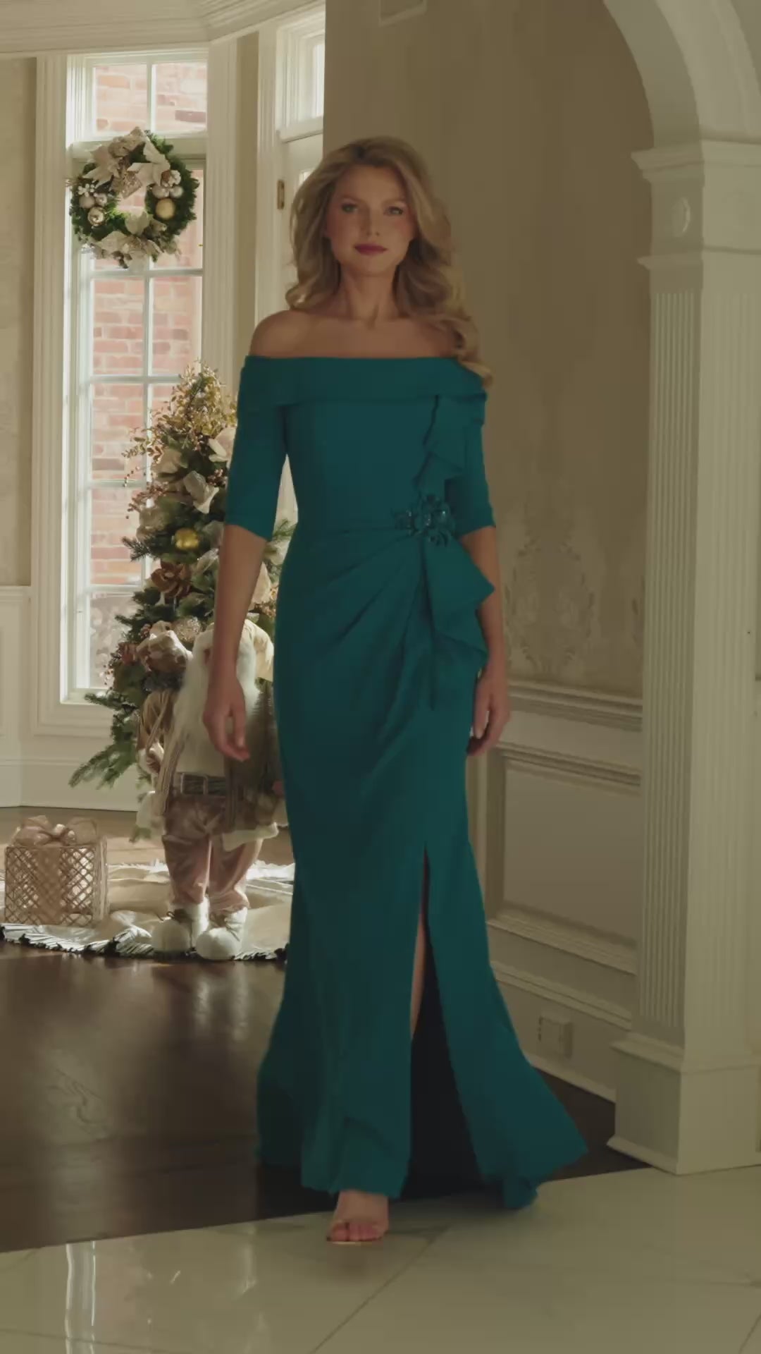 Rina Di Montella RD3202 Off-The-Shoulder Three-Quarter Sleeve Sheath Mother of the Bride Dress