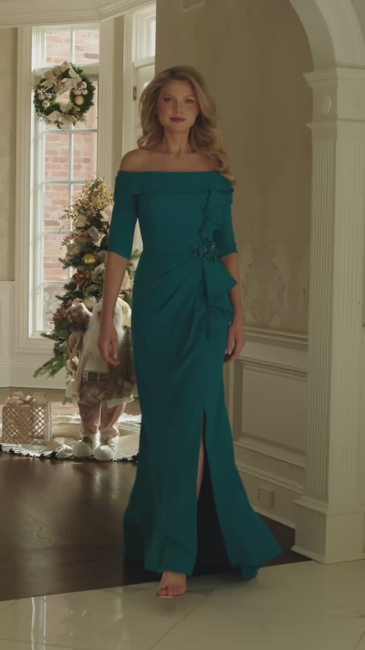 Rina Di Montella RD3202 Off-The-Shoulder Three-Quarter Sleeve Sheath Mother of the Bride Dress