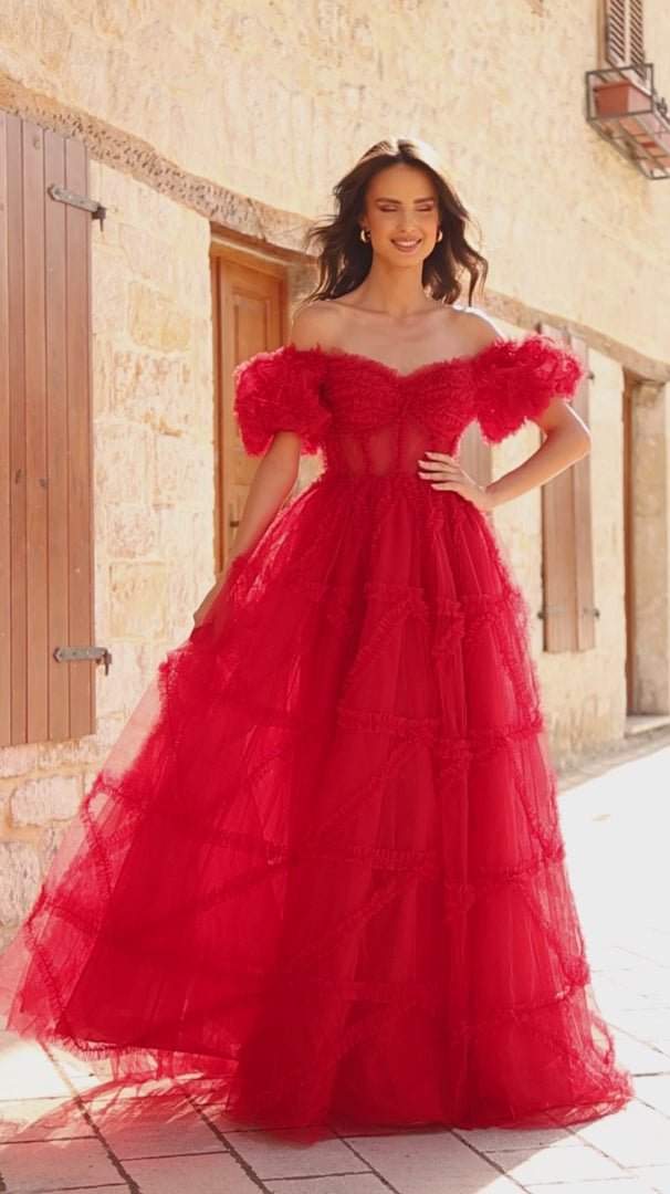 Amarra 94002 Off Shoulder Puff Sleeve Tulle Ball Gown