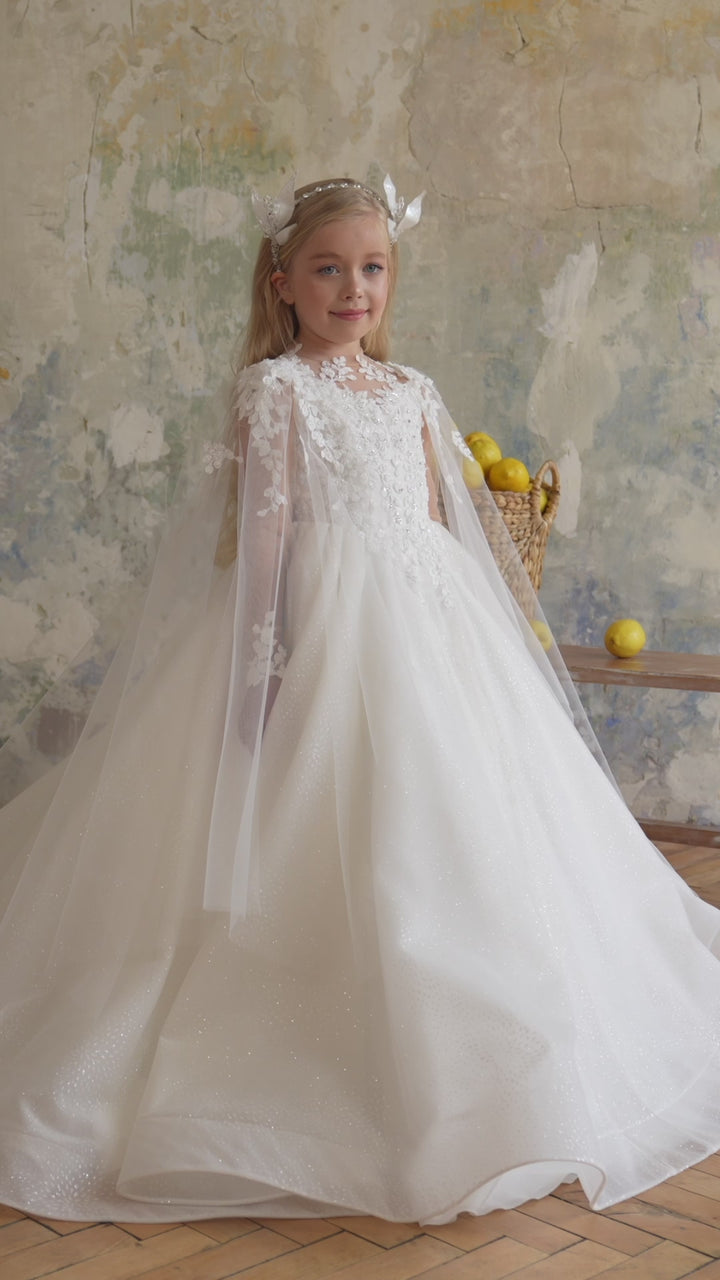 Pentelei 3837 Illusion Neckline Long Sleeve Embellished Kids Dress
