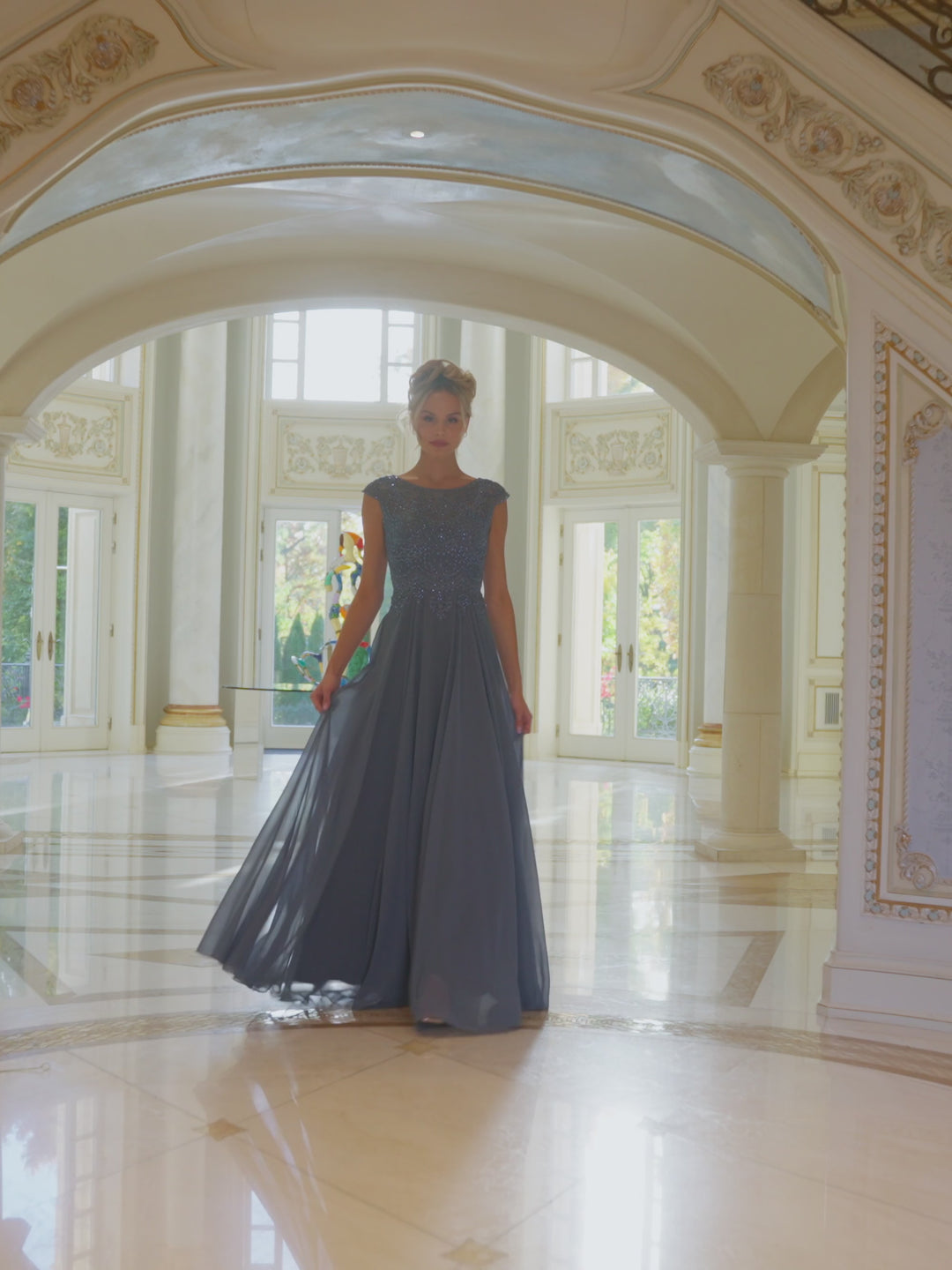 MARSONI BY COLORS M238 Illusion Bateau Neckline Cap Sleeve Fitted Bodice Mother of the Bride Dress
