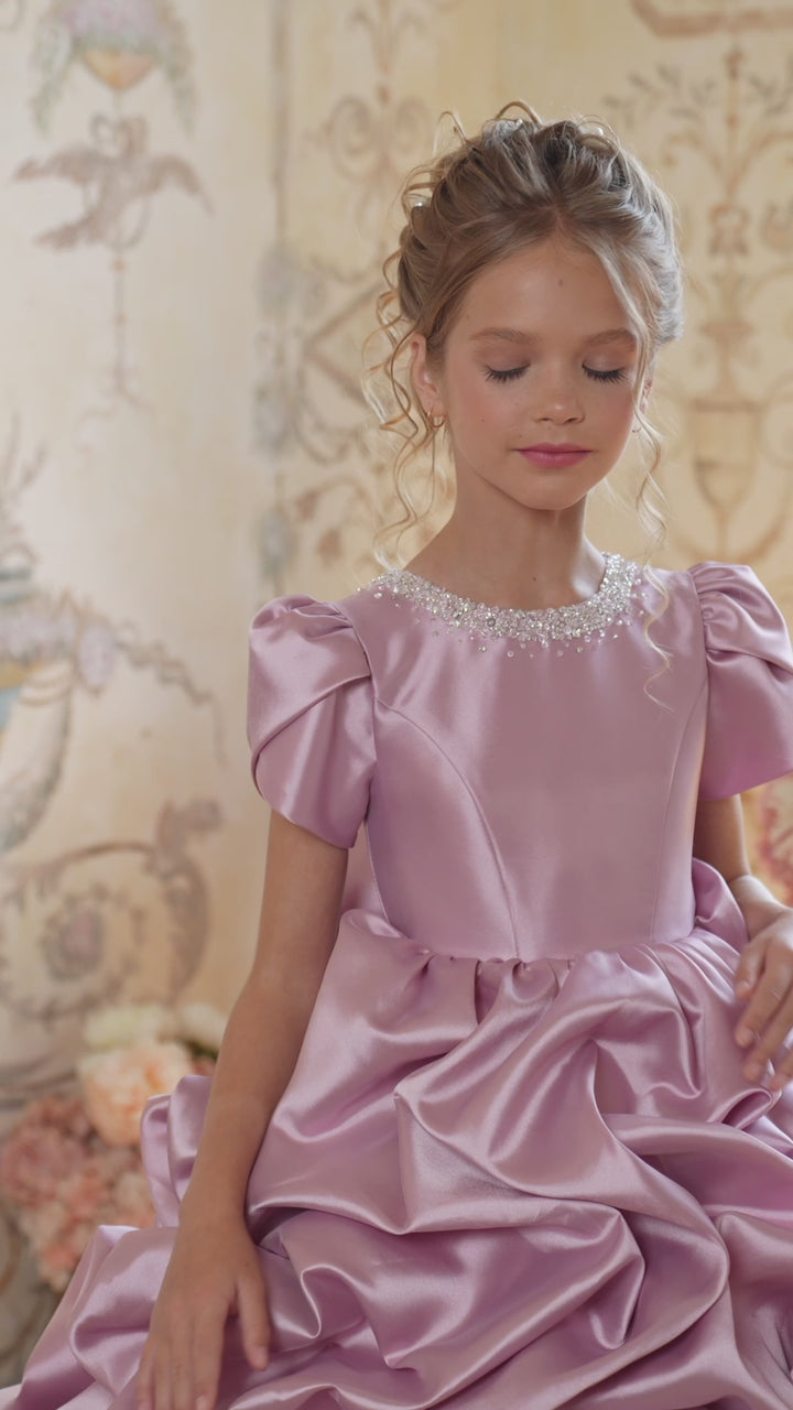 Pentelei 3807 Jewel Neckline Puff Sleeves Sculpted Bodice Kids Dress