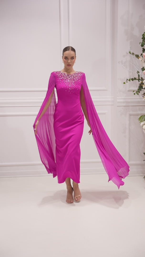 Odrella 7473 Round Neckline Cape Sleeves Sheath Mother of the Bride Dress