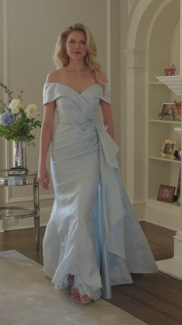 Marsoni by Colors MV1401 Off-the-Shoulder Beaded Sheath Mother of the Bride Dress with Cascading Drape