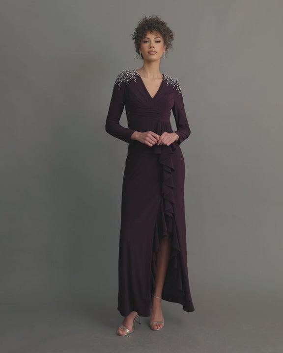 Mac Duggal 49897 Long Sleeve Dress with Cascading Ruffle & Rhinestone Shoulders