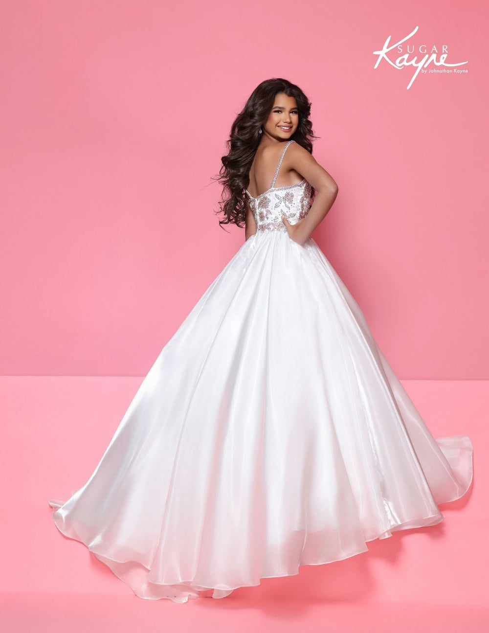 Sugar Kayne C417 one-shoulder cape girls ball gown back view