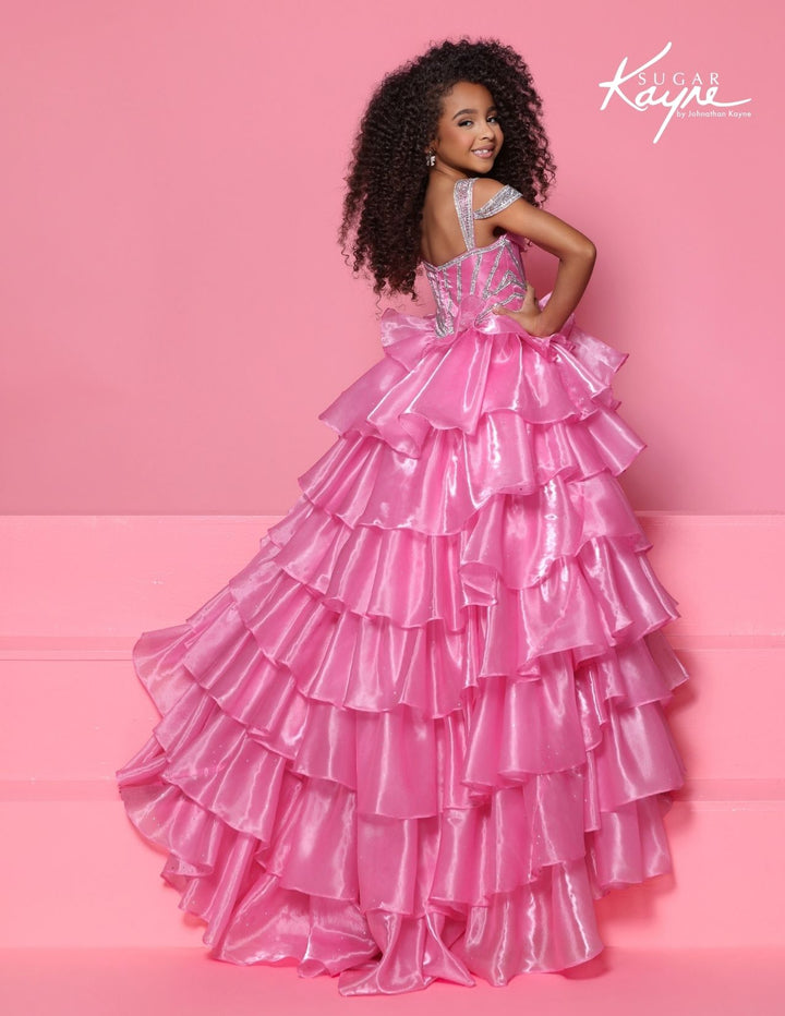Sugar Kayne C418 off-the-shoulder tiered girls ball gown back view