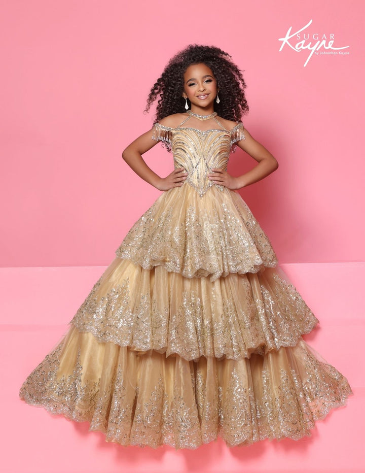 Sugar Kayne C421 crystal fringe tiered girls pageant gown front view