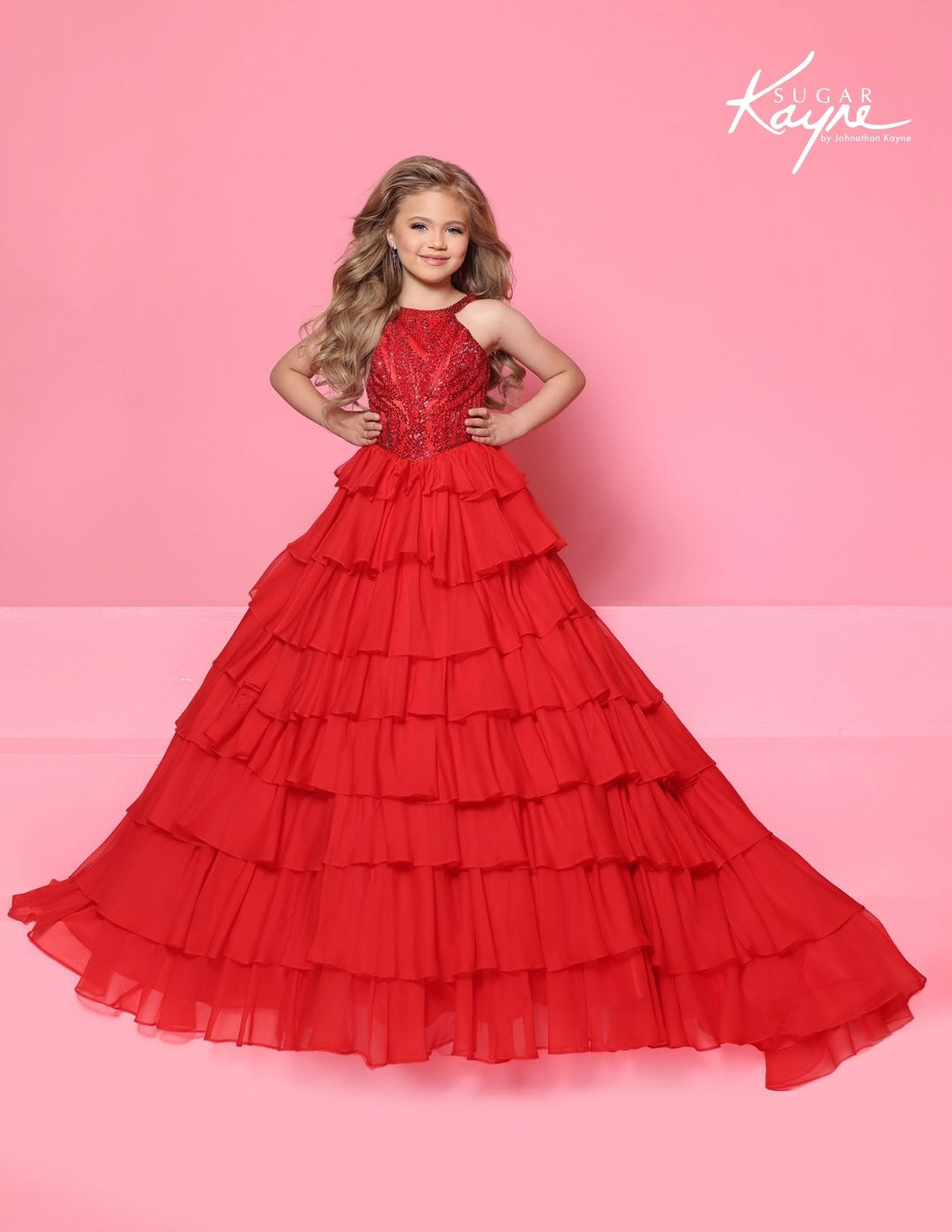 Sugar Kayne C423 high neck ruffle girls pageant gown alternate color front view 4