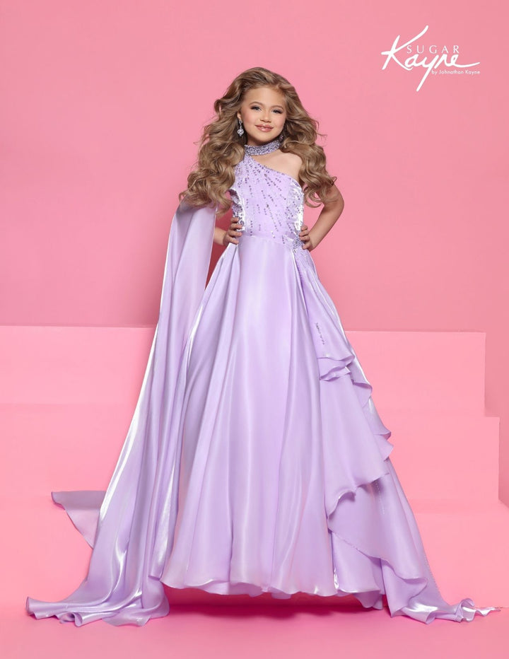 Sugar Kayne C425 cape sleeve girls pageant ball gown front view