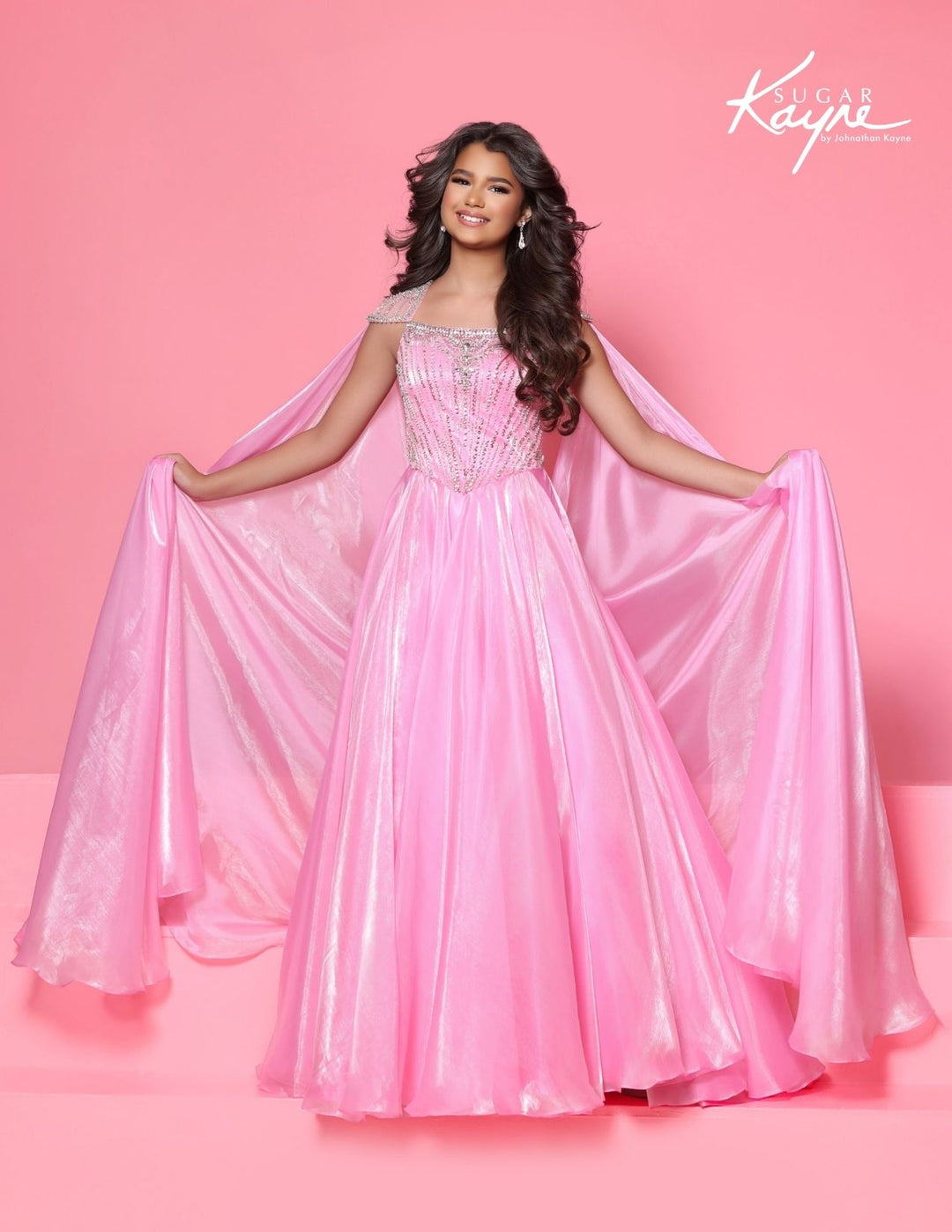 Sugar Kayne C428 square neck girls pageant ball gown with cape alternate color front view 2