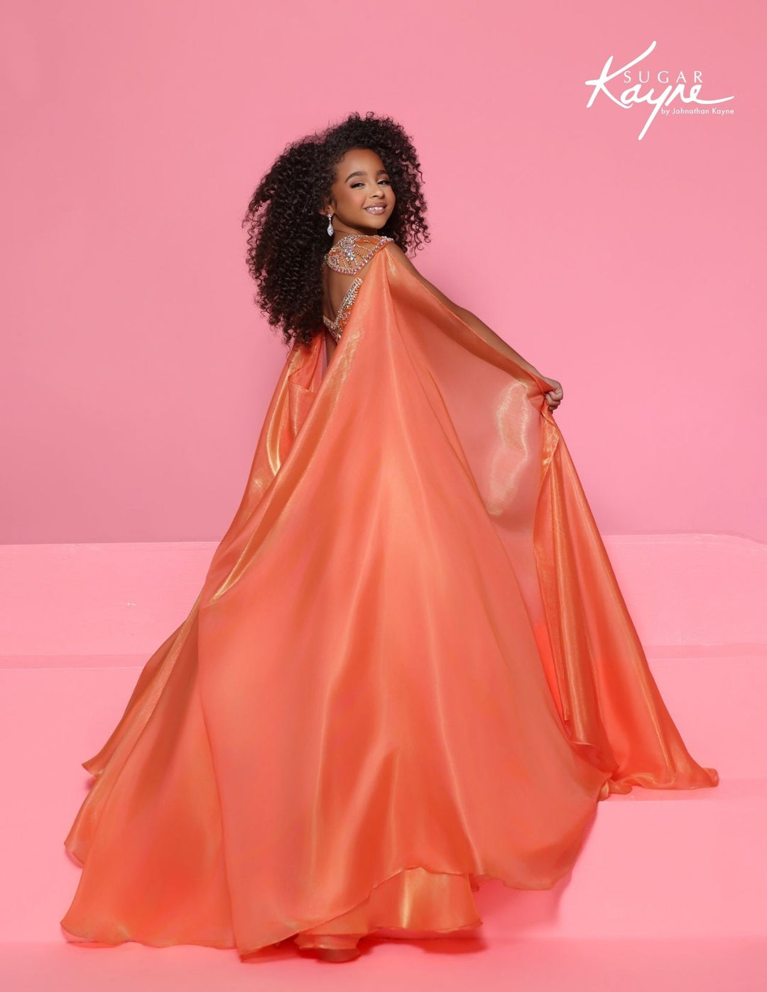 Sugar Kayne C428 square neck girls pageant ball gown with cape back view
