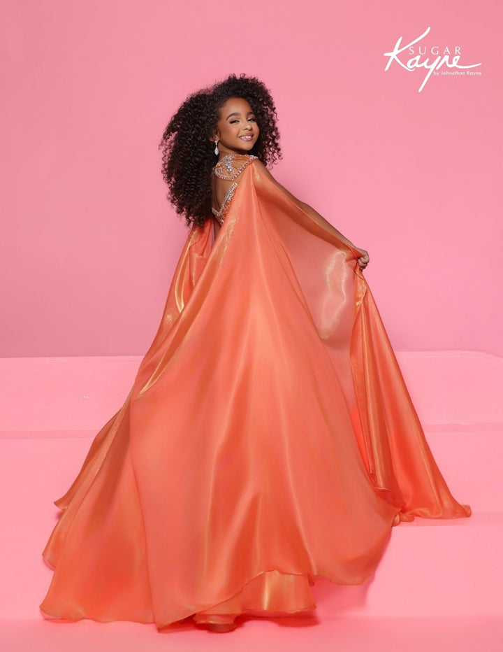 Sugar Kayne C428 square neck girls pageant ball gown with cape back view