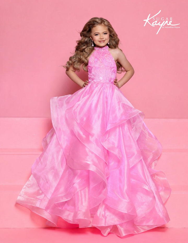 Sugar Kayne C429 halter ruffle girls pageant ball gown alternate color front view 3