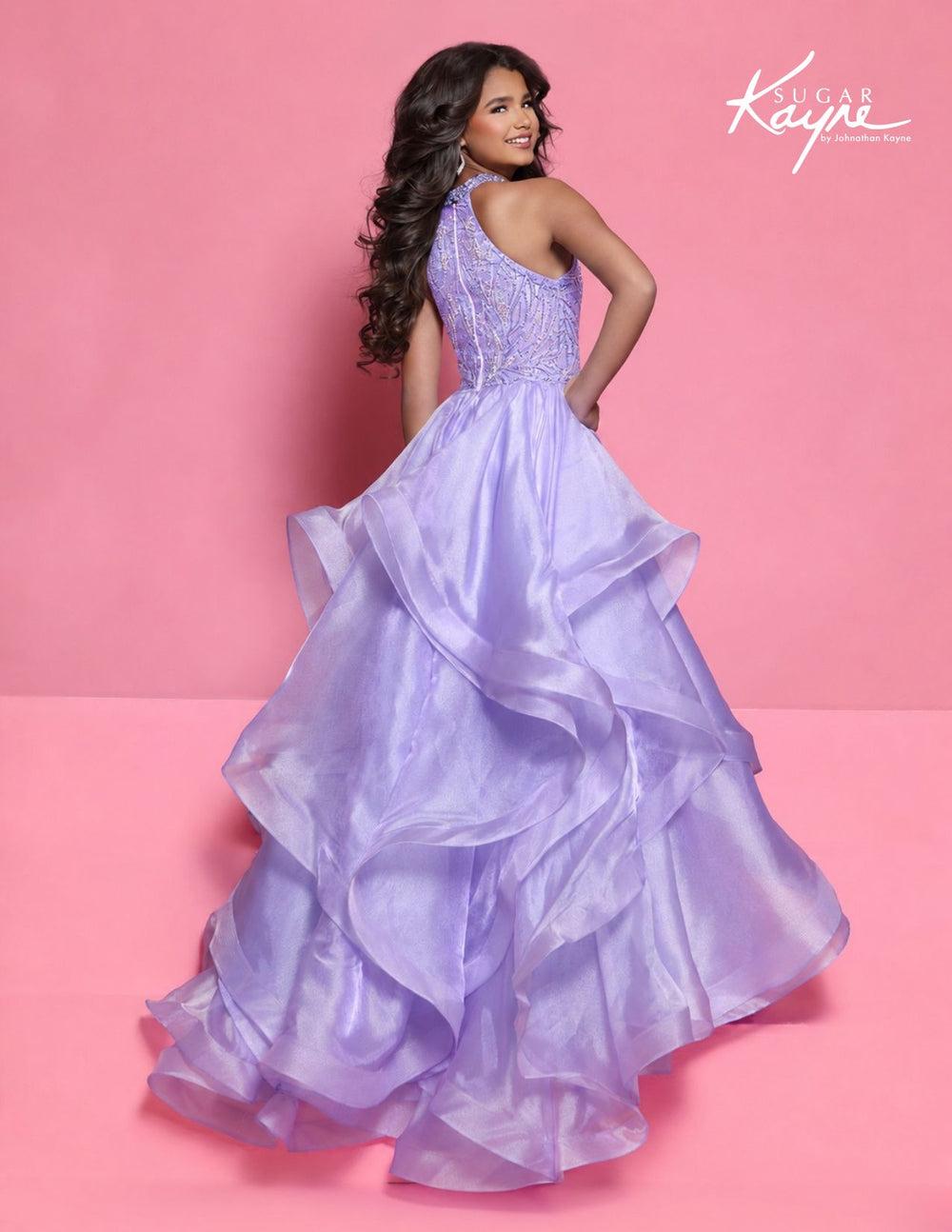 Sugar Kayne C429 halter ruffle girls pageant ball gown back view
