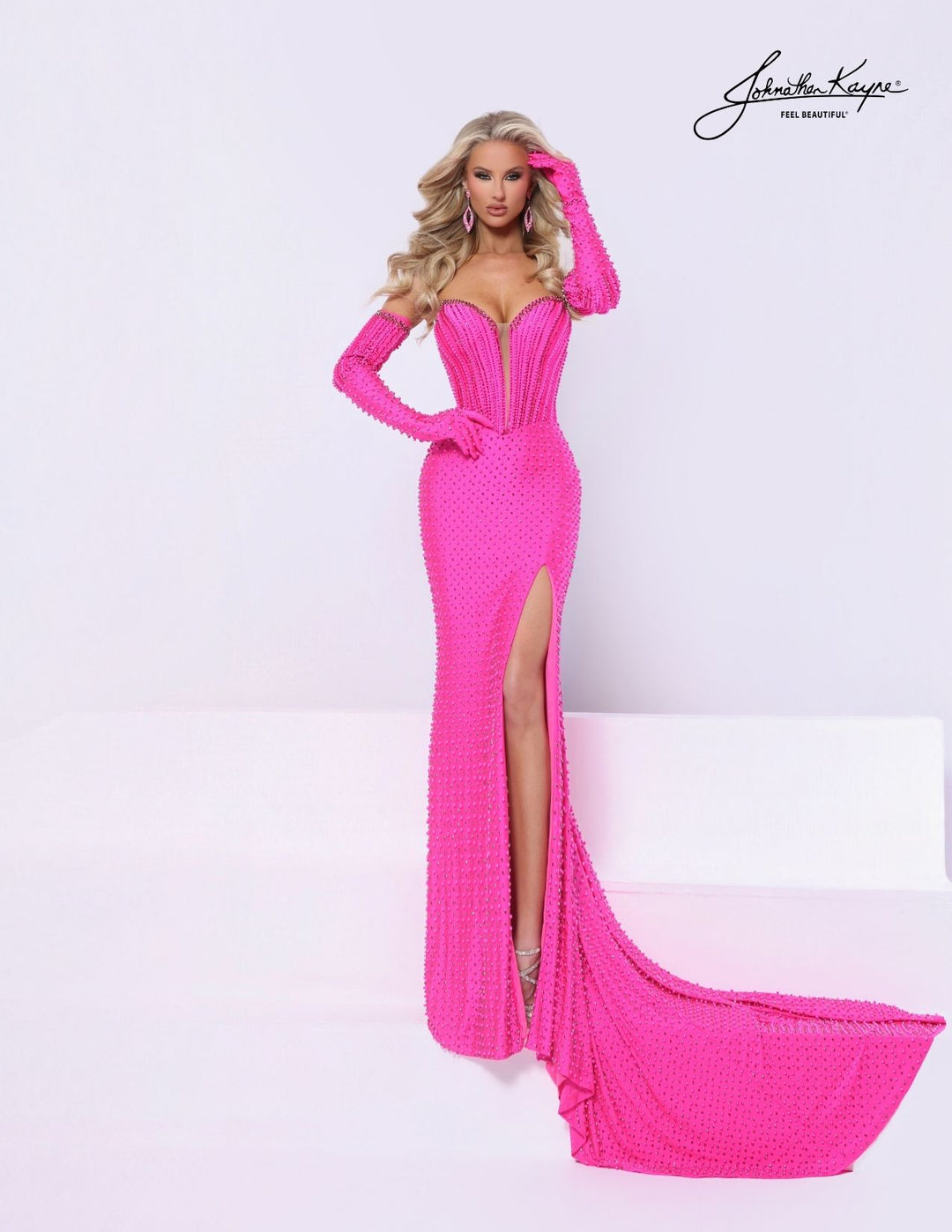 Johnathan Kayne 3326 plunging corset pageant gown with gloves front view
