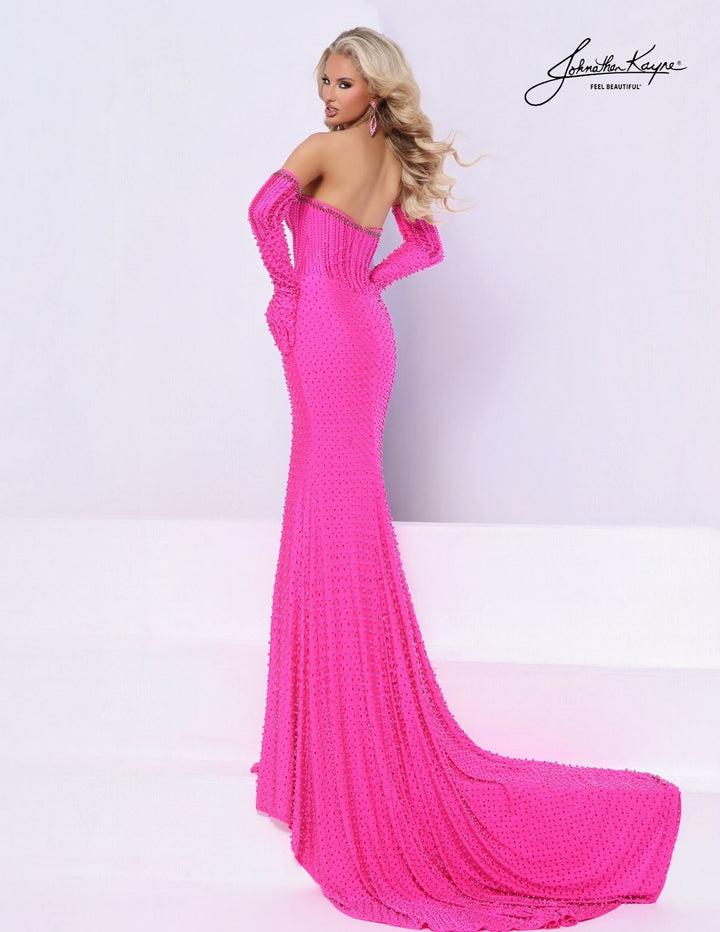 Johnathan Kayne 3326 plunging corset pageant gown with gloves back view