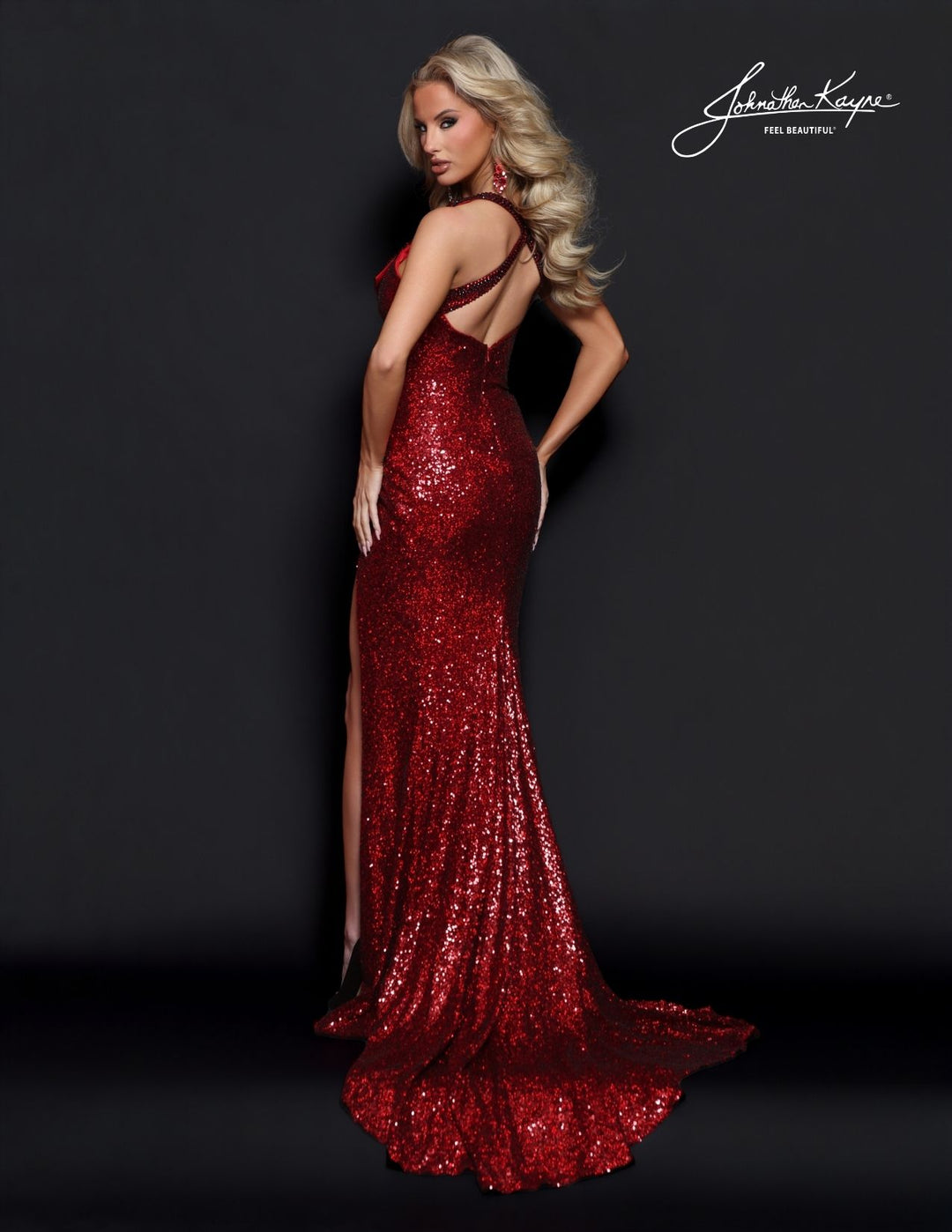 Johnathan Kayne 3330 plunging tuxedo lapel prom dress back view