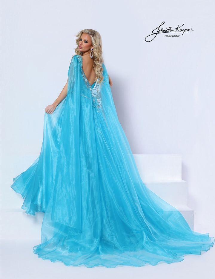 Johnathan Kayne 3341 basque waist ball gown with detachable cape with cape front view