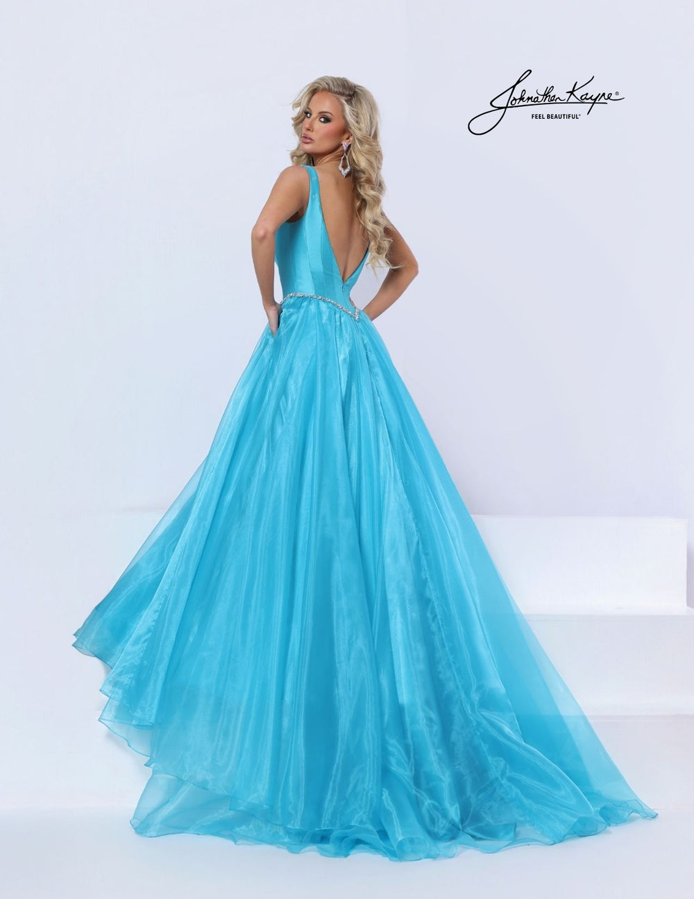 Johnathan Kayne 3341 basque waist ball gown with detachable cape back view