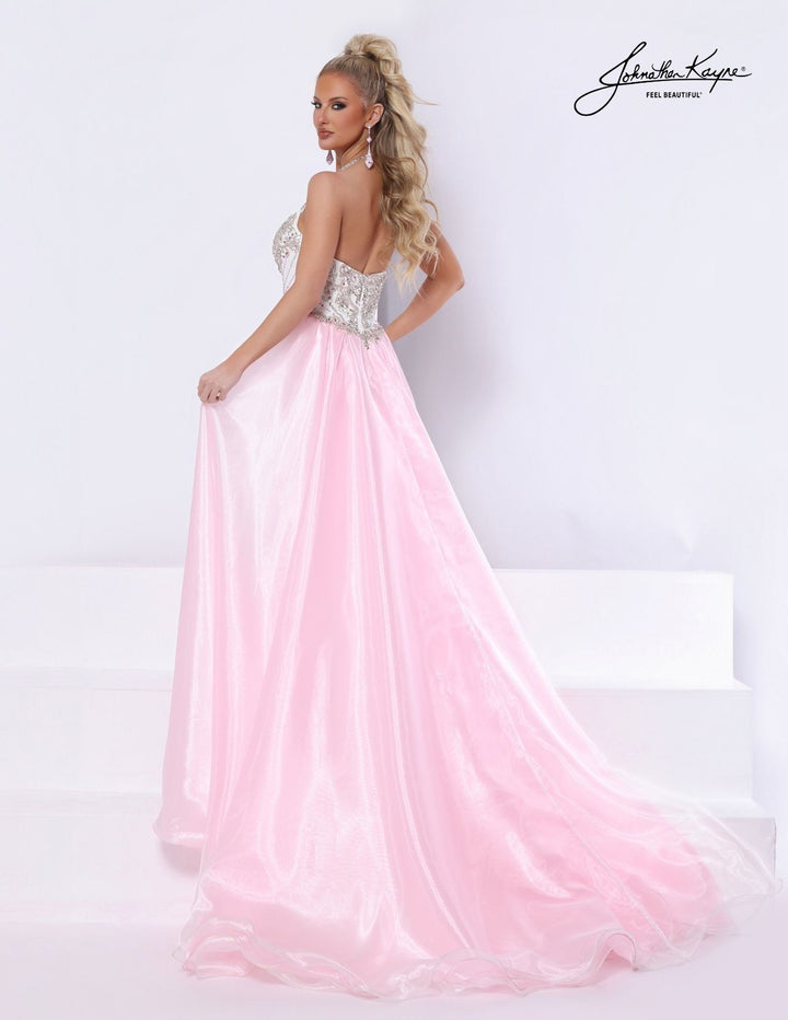 Johnathan Kayne 3348 sweetheart halter pageant gown with overskirt back view