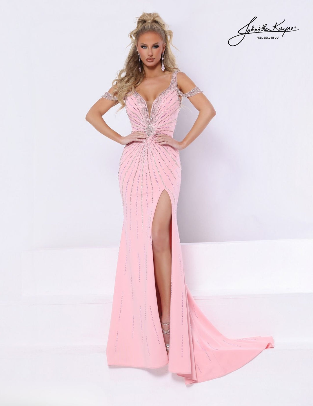 Johnathan Kayne 3353 plunging fit and flare prom dress front view
