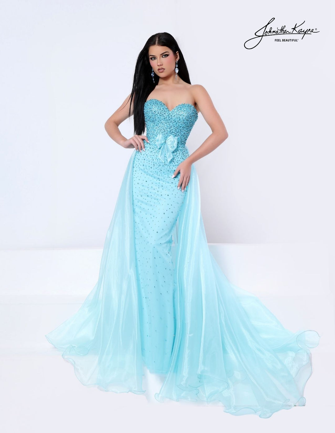 Johnathan Kayne 3356 strapless pageant gown with bow and overskirt alternate color front view 2