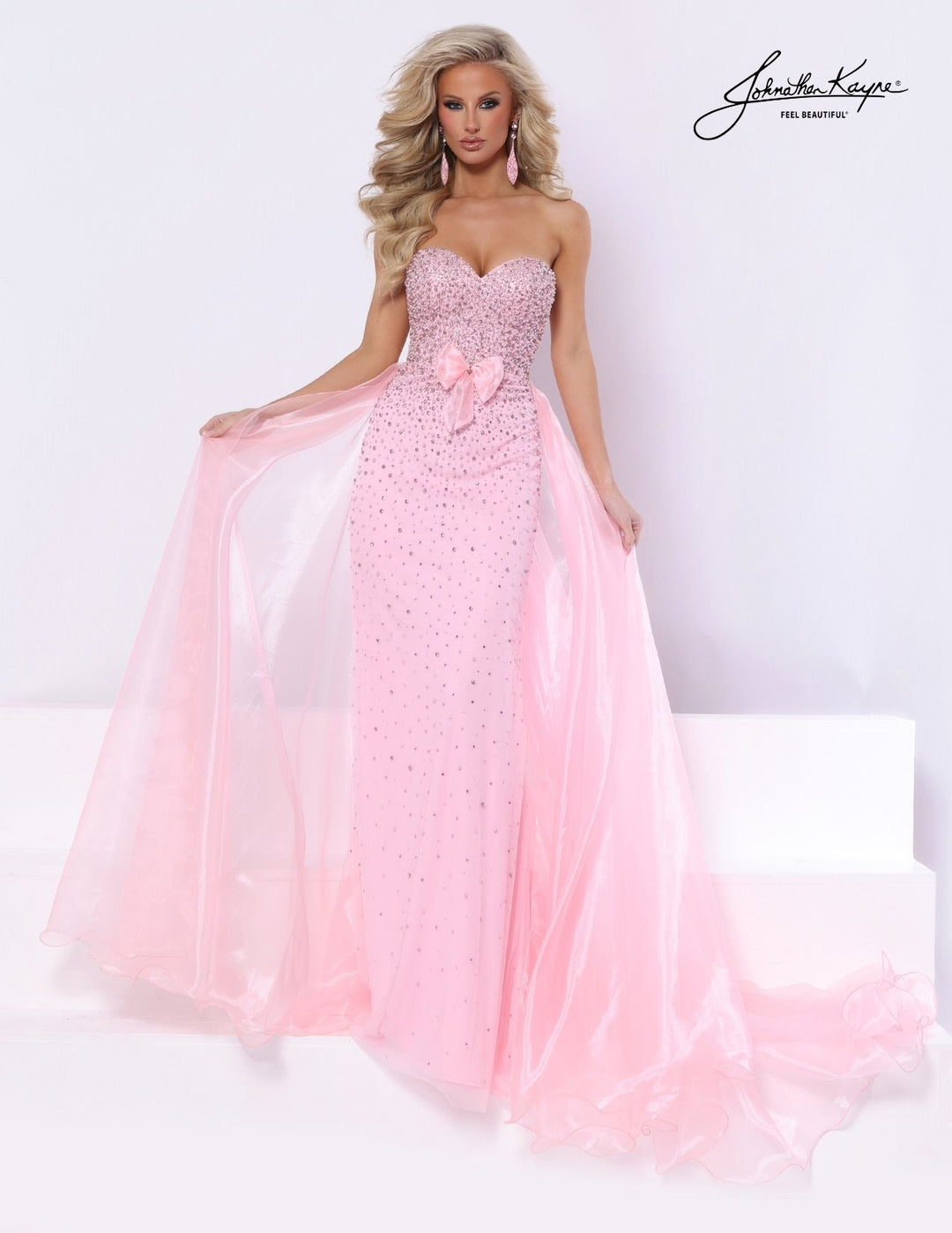 Johnathan Kayne 3356 strapless pageant gown with bow and overskirt alternate color front view 3