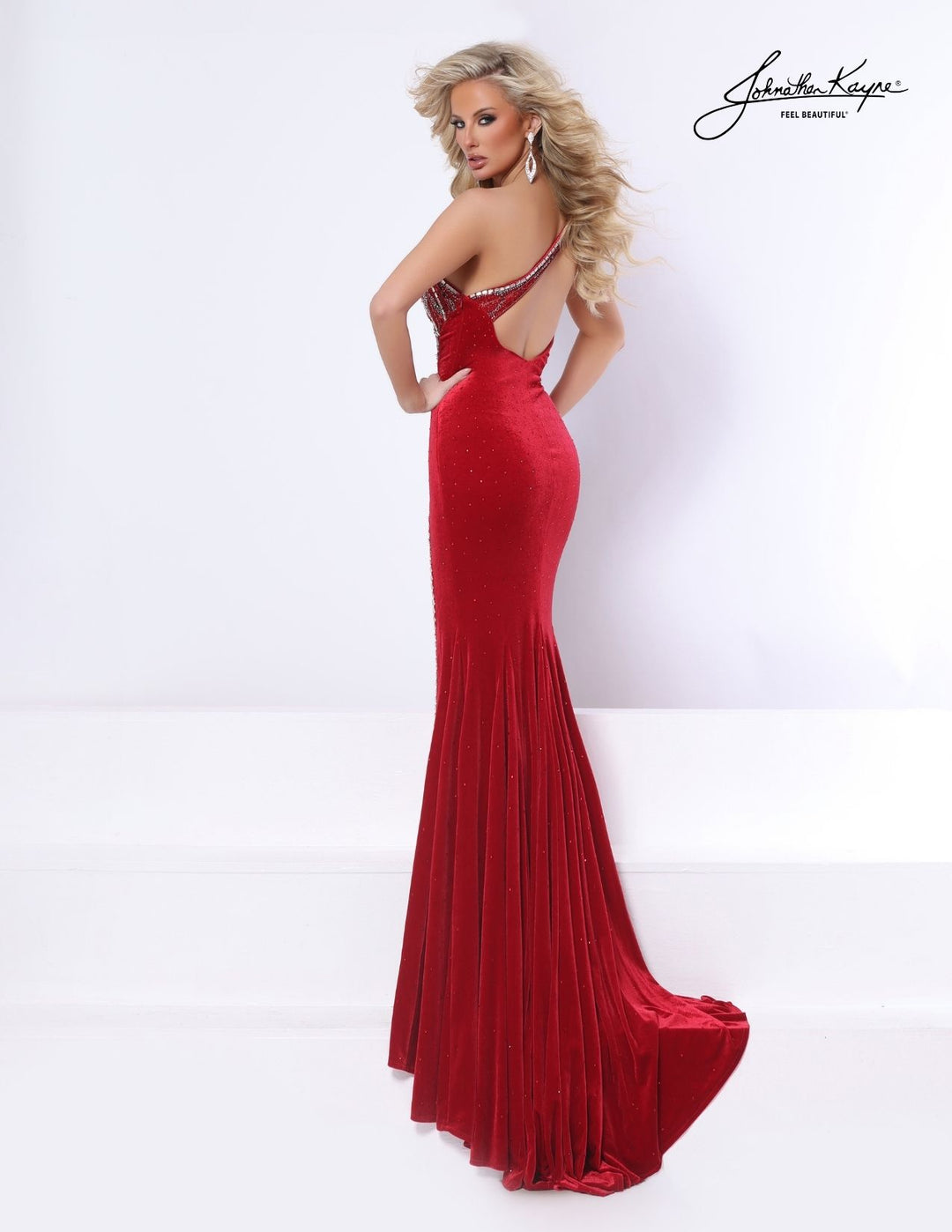 Johnathan Kayne 3366 one-shoulder evening gown with detachable ruffle without cape back view