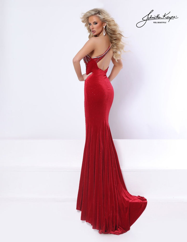 Johnathan Kayne 3366 one-shoulder evening gown with detachable ruffle without cape back view