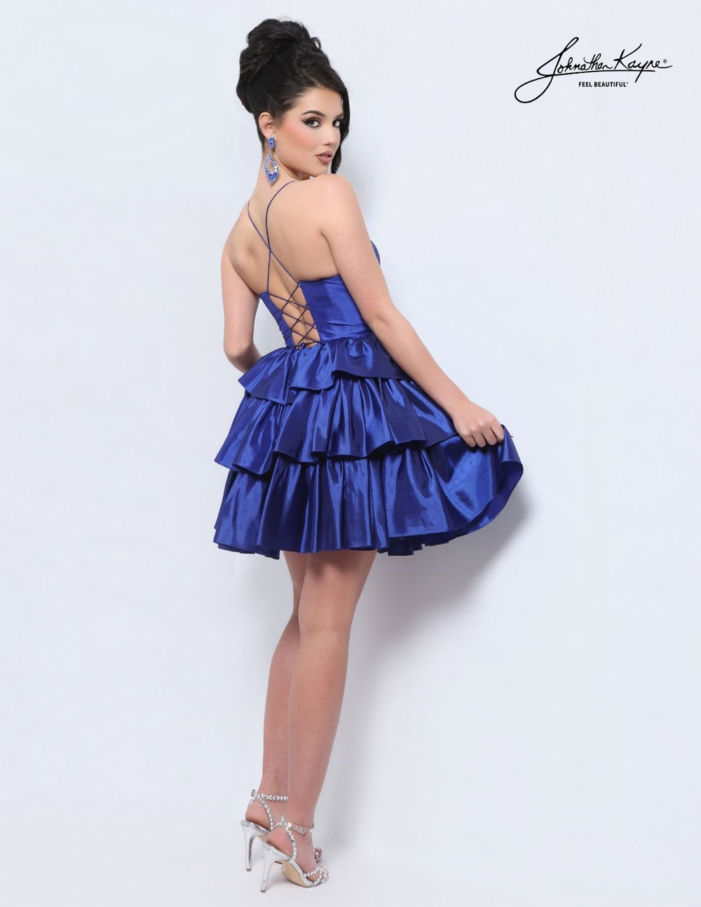 Johnathan Kayne 3263S plunging tiered ruffle cocktail dress back view