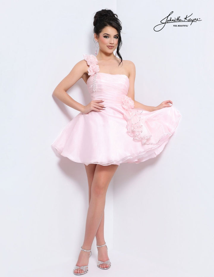 Johnathan Kayne 3267S one-shoulder floral fit and flare cocktail dress front view, alternate color